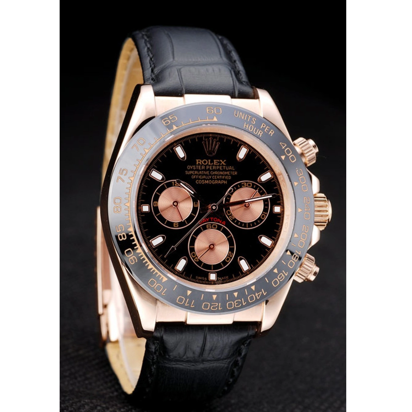 Aaa replica watch Rolex Gold Case Black Rose Daytona Leather Strap Dial Black 0824